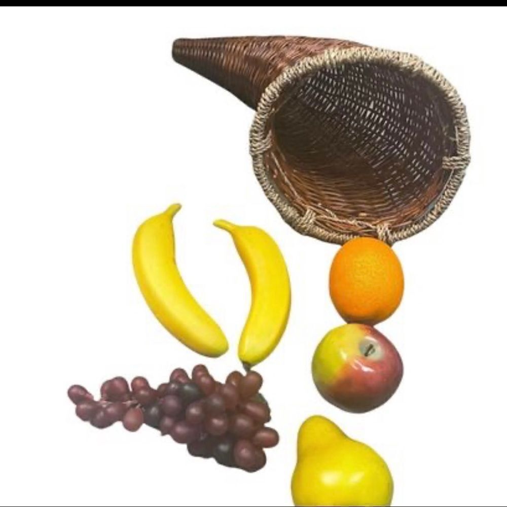 Wicker cornucopia cone basket with artificial plastic fruit